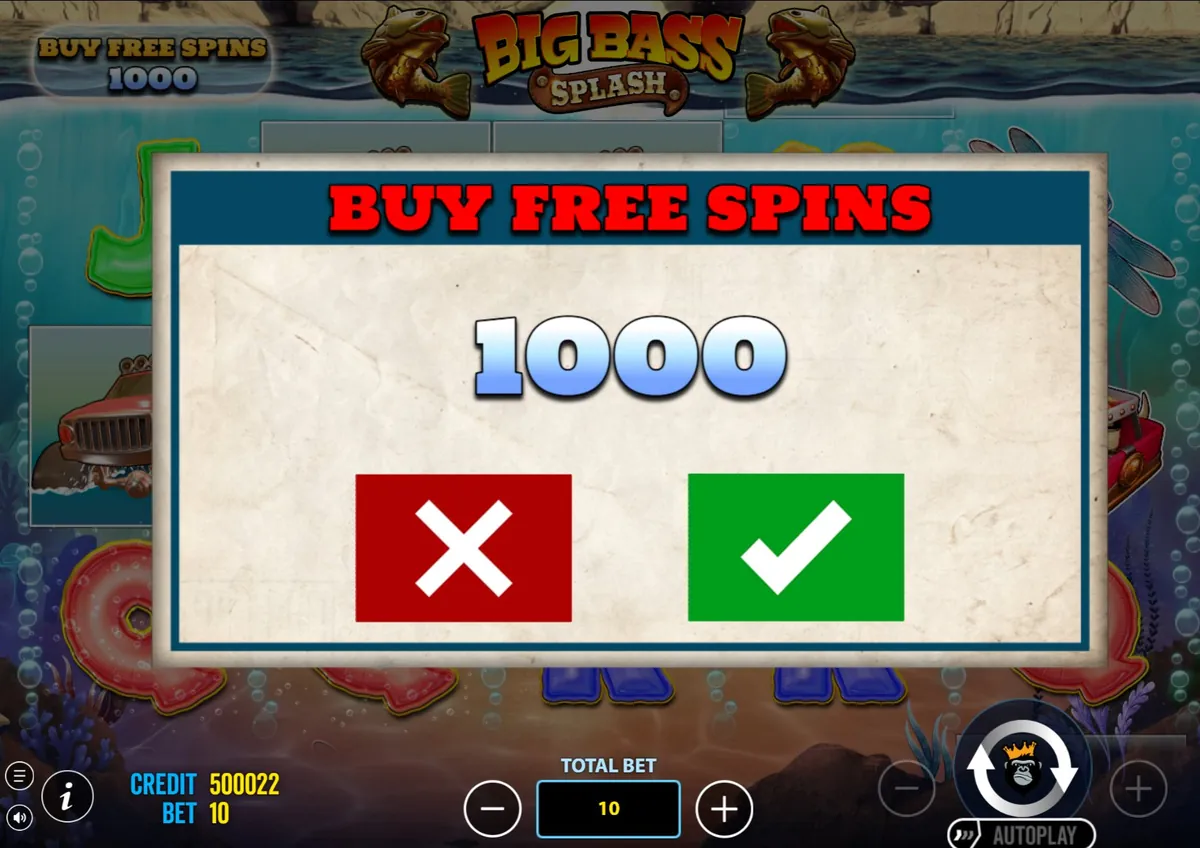 Buy Free Spins confirmation screen in Big Bass Splash showing 1000 cost and confirm/cancel buttons