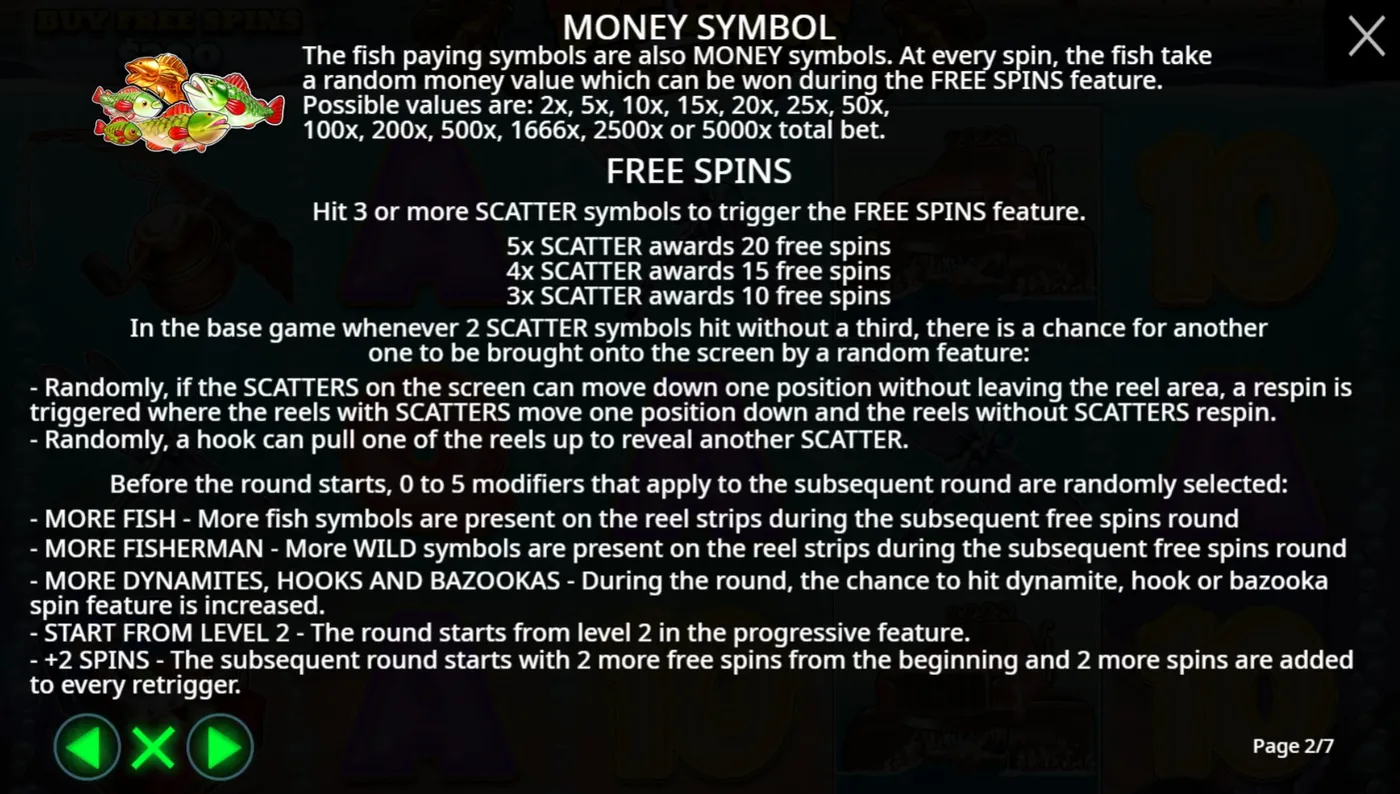 Big Bass Splash Money symbol values and Free Spins rules: 3 scatters = 10 spins, 4 = 15, 5 = 20, fish values up to 5000x
