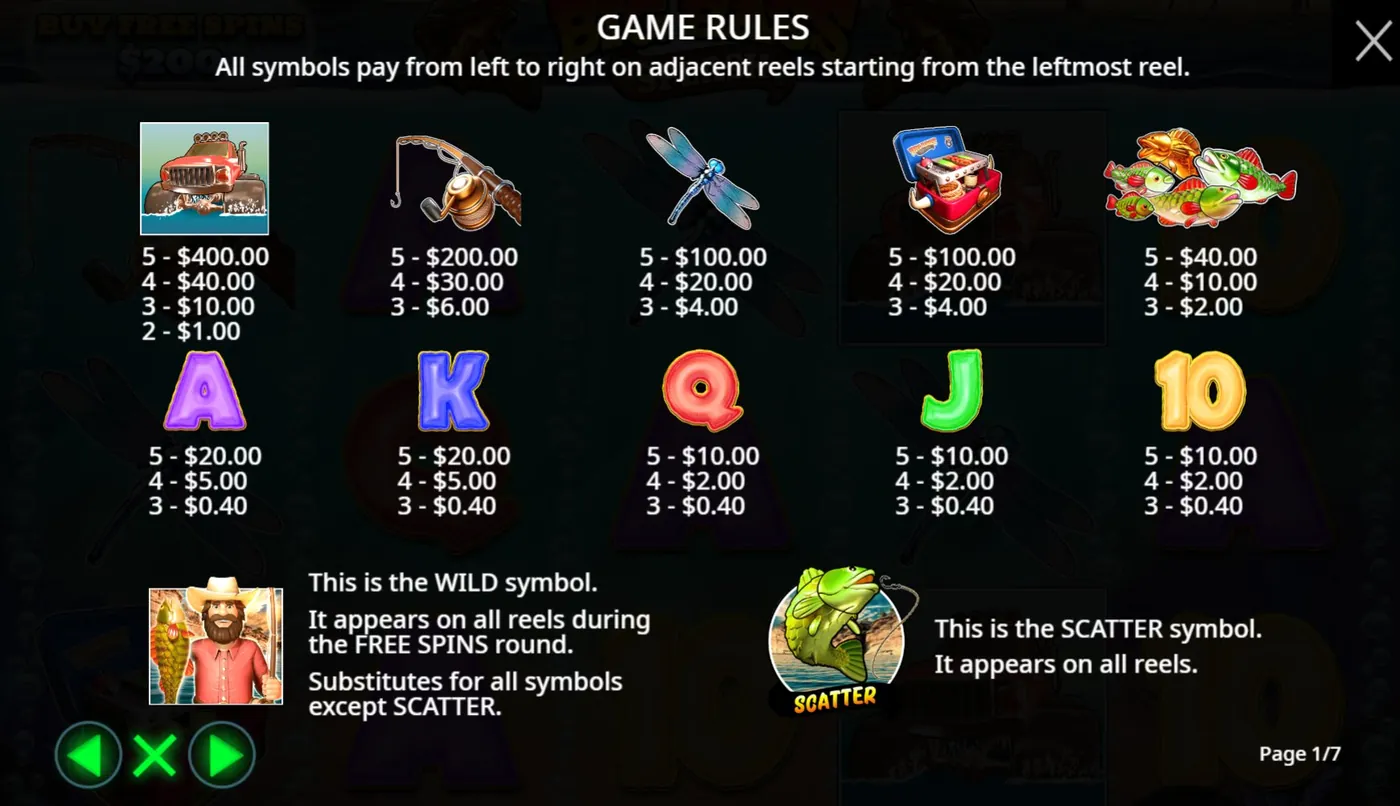 Big Bass Splash paytable: Monster Truck, Fishing Rod, Dragonfly, Tackle Box, Fish, A K Q J 10 — payouts shown at $10 stake
