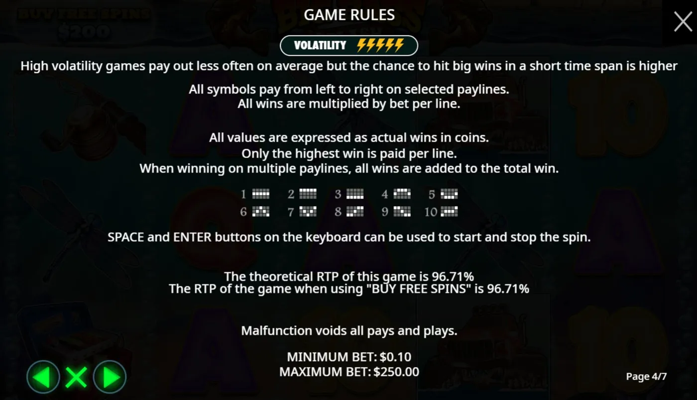 In-game rules screen showing volatility 5/5, RTP 96.71%, min bet $0.10, max bet $250